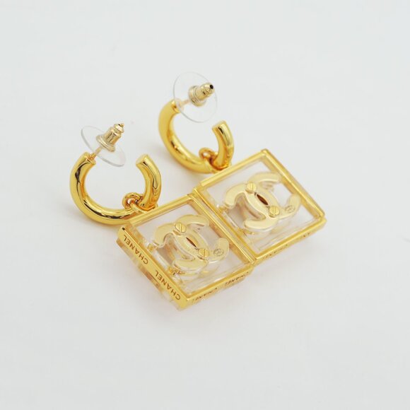CHANEL Clear Square CC Logos Gold-tone Drop Earrings - Picture 5 of 7